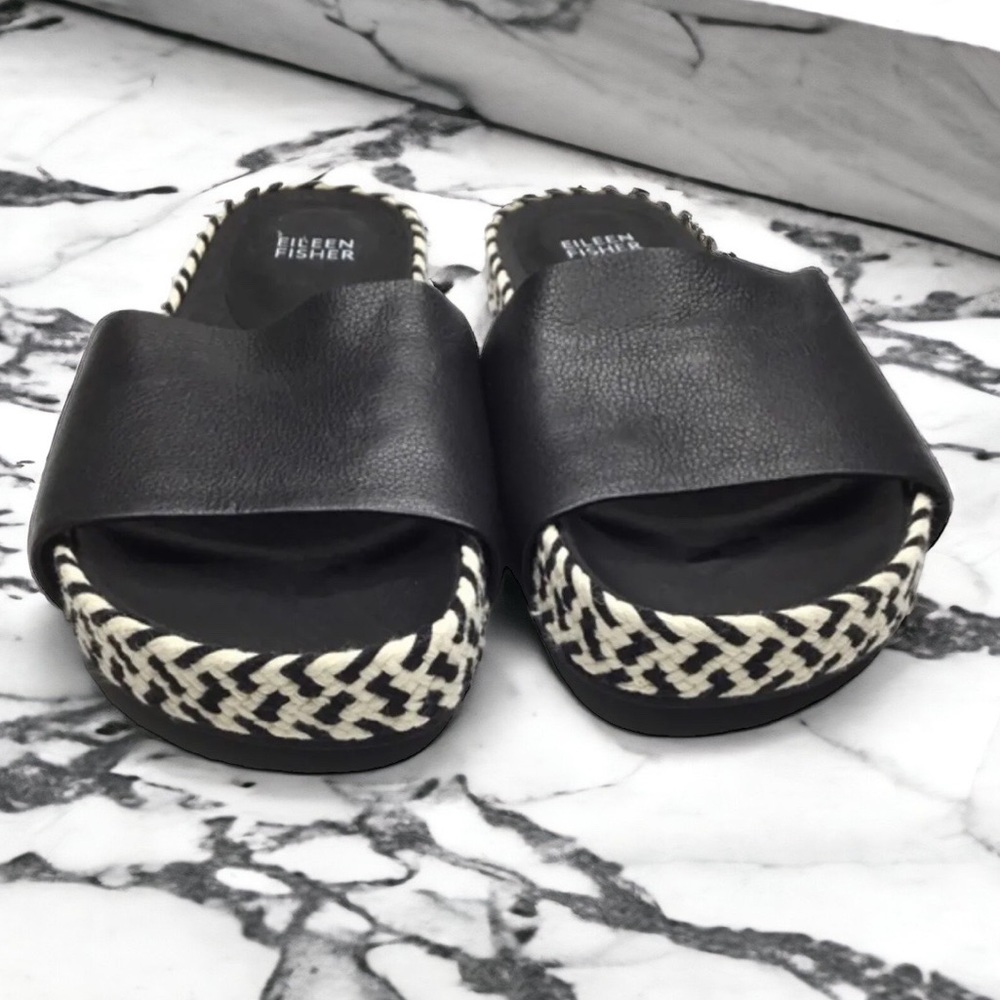 Eileen Fisher Pear Sandals 7 Slides Black + White Molded Leather Footbed NIB - Picture 7 of 14